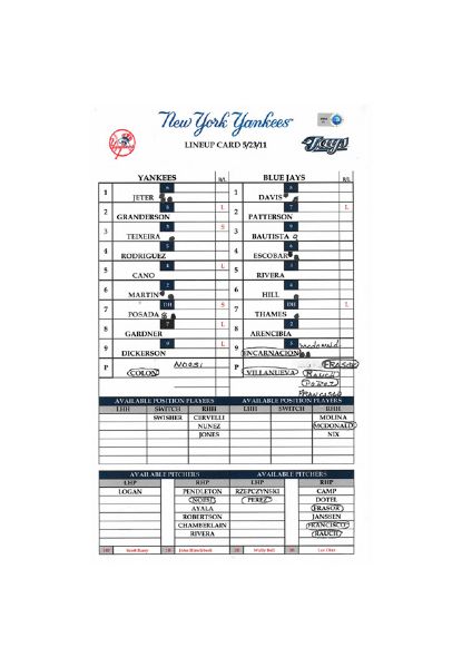 Blue Jays at Yankees 5-23-2011 Game Used Lineup Card (FJ493248) (Yankees-Steiner LOA)